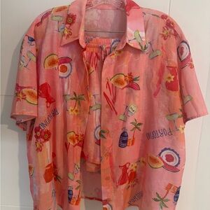 Vibrant Pink Tropical Print Shirt Shorts Set